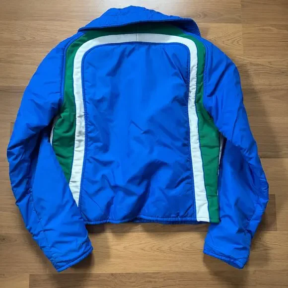 Women's Vintage 80's Roffe Blue Green Moto Crop Ski Puffer Jacket Sz Small VTG - Picture 2 of 7